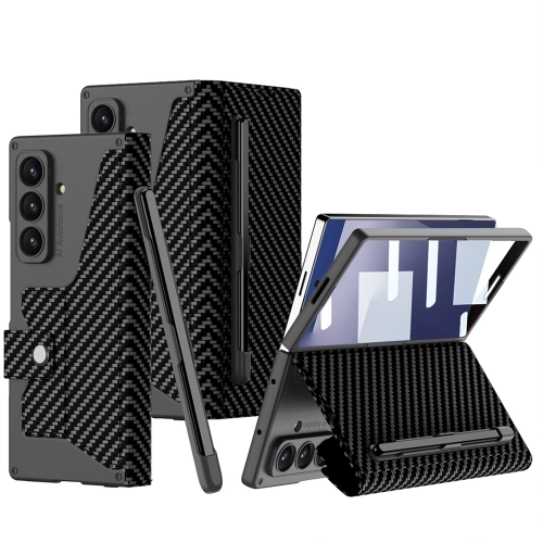 Samsung Galaxy Z Fold 7 Kılıf Kamera Korumalı Karbon Tasarımlı Kıpta Kalem Bölmeli Şık, Premium Fest Kapak - Siyah