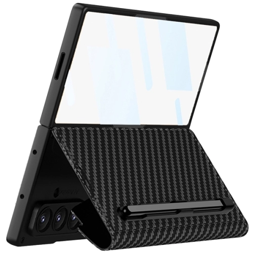 Samsung Galaxy Z Fold 7 Kılıf Kamera Korumalı Karbon Tasarımlı Kıpta Kalem Bölmeli Şık, Premium Fest Kapak - Siyah