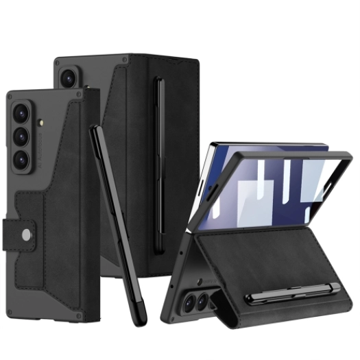 Samsung Galaxy Z Fold 7 Kılıf Kamera Korumalı Karbon Tasarımlı Kıpta Kalemli Fest Kapak - Siyah