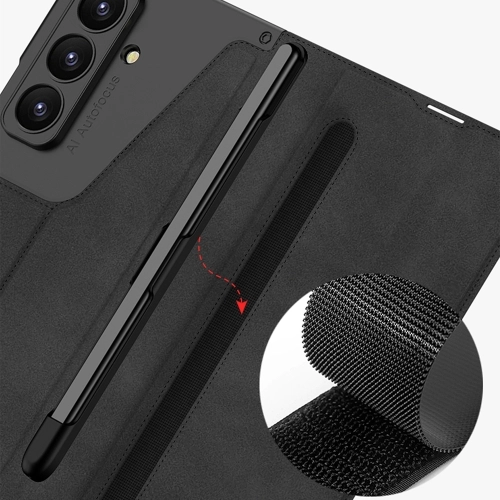 Samsung Galaxy Z Fold 7 Kılıf Kamera Korumalı Karbon Tasarımlı Kıpta Kalemli Fest Kapak - Siyah