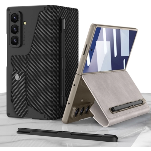 Samsung Galaxy Z Fold 7 Kılıf Kamera Korumalı Karbon Tasarımlı Kıpta Kalemli Fest Kapak - Siyah