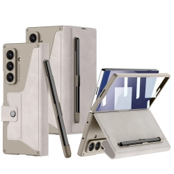 Samsung Galaxy Z Fold 7 Kılıf Kamera Korumalı Karbon Tasarımlı Kıpta Kalemli Fest Kapak - Titanyum