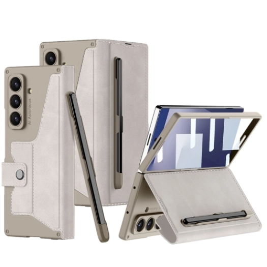 Samsung Galaxy Z Fold 7 Kılıf Kamera Korumalı Karbon Tasarımlı Kıpta Kalemli Fest Kapak - Titanyum