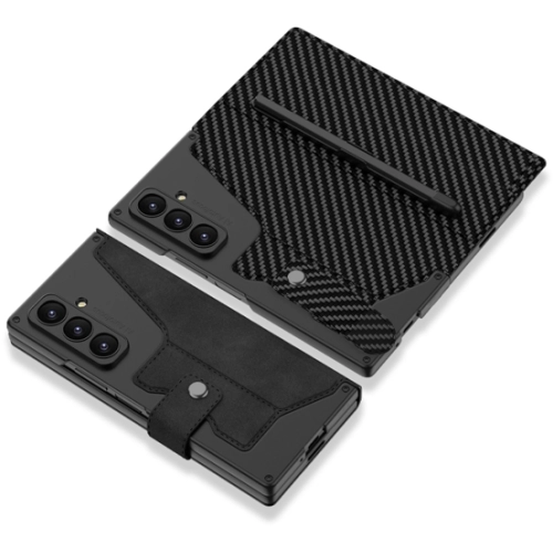 Samsung Galaxy Z Fold 7 Kılıf Kamera Korumalı Karbon Tasarımlı Kıpta Kalemli Fest Kapak - Titanyum