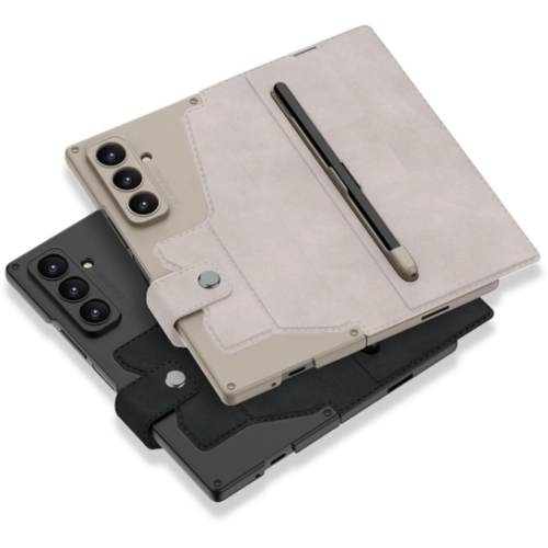 Samsung Galaxy Z Fold 7 Kılıf Kamera Korumalı Karbon Tasarımlı Kıpta Kalemli Fest Kapak - Titanyum