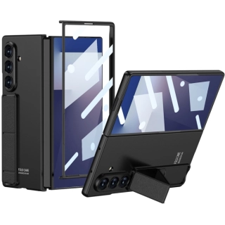 Samsung Galaxy Z Fold 7 Kılıf Standlı Kıpta Qstand Kapak, Cam Koruyuculu Tam Set - Siyah
