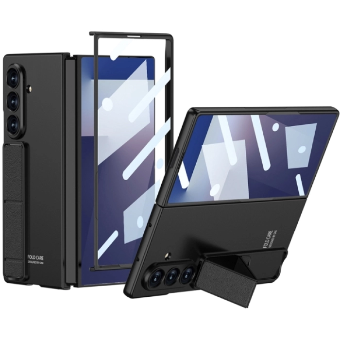 Samsung Galaxy Z Fold 7 Kılıf Standlı Kıpta Qstand Kapak, Cam Koruyuculu Tam Set - Siyah