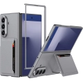 Samsung Galaxy Z Fold 7 Kılıf Suni Deri Arka Yüzey Kartlıklı Kıpta Silikon Kapak - Gri