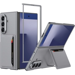 Samsung Galaxy Z Fold 7 Kılıf Suni Deri Arka Yüzey Kartlıklı Kıpta Silikon Kapak - Gri