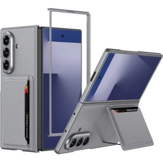 Samsung Galaxy Z Fold 7 Kılıf Suni Deri Arka Yüzey Kartlıklı Kıpta Silikon Kapak - Gri