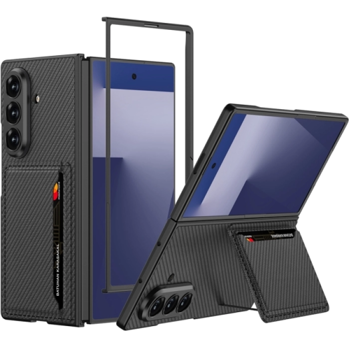 Samsung Galaxy Z Fold 7 Kılıf Suni Deri Arka Yüzey Kartlıklı Kıpta Silikon Kapak - Siyah Karbon