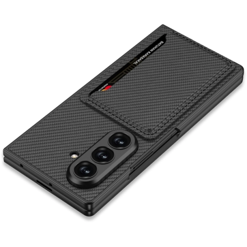 Samsung Galaxy Z Fold 7 Kılıf Suni Deri Arka Yüzey Kartlıklı Kıpta Silikon Kapak - Siyah Karbon