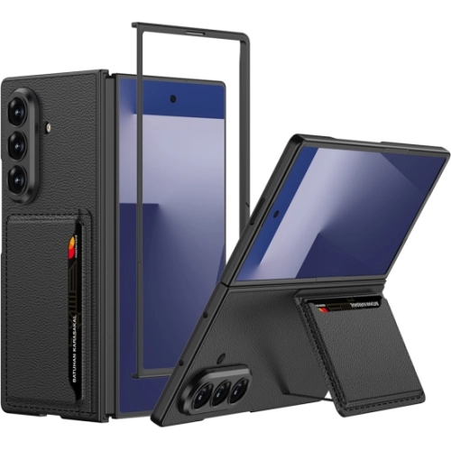 Samsung Galaxy Z Fold 7 Kılıf Suni Deri Arka Yüzey Kartlıklı Kıpta Silikon Kapak - Siyah