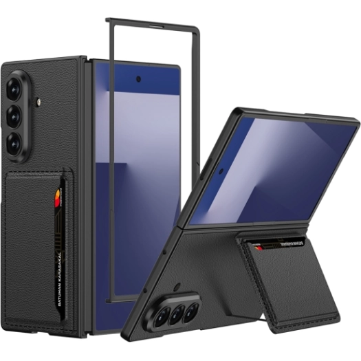 Samsung Galaxy Z Fold 7 Kılıf Suni Deri Arka Yüzey Kartlıklı Kıpta Silikon Kapak - Siyah