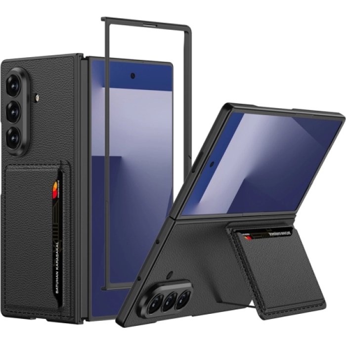 Samsung Galaxy Z Fold 7 Kılıf Suni Deri Arka Yüzey Kartlıklı Kıpta Silikon Kapak - Siyah