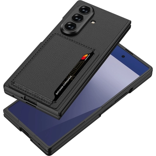 Samsung Galaxy Z Fold 7 Kılıf Suni Deri Arka Yüzey Kartlıklı Kıpta Silikon Kapak - Siyah