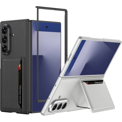 Samsung Galaxy Z Fold 7 Kılıf Suni Deri Arka Yüzey Kartlıklı Kıpta Silikon Kapak - Siyah