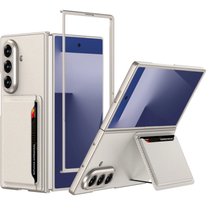 Samsung Galaxy Z Fold 7 Kılıf Suni Deri Arka Yüzey Kartlıklı Kıpta Silikon Kapak - Titanyum
