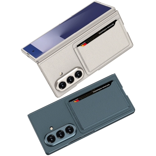 Samsung Galaxy Z Fold 7 Kılıf Suni Deri Arka Yüzey Kartlıklı Kıpta Silikon Kapak - Titanyum