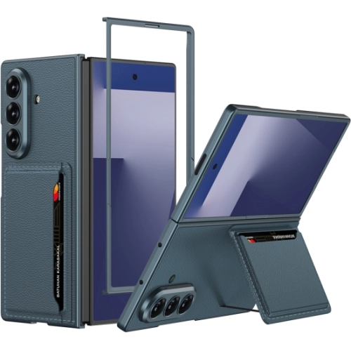 Samsung Galaxy Z Fold 7 Kılıf Suni Deri Arka Yüzey Kartlıklı Kıpta Silikon Kapak - Yeşil