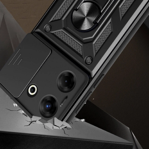 Tecno Camon 20 Kılıf Zırhlı Standlı Silikon Sürgülü Kamera Korumalı Tank Kapak - Siyah