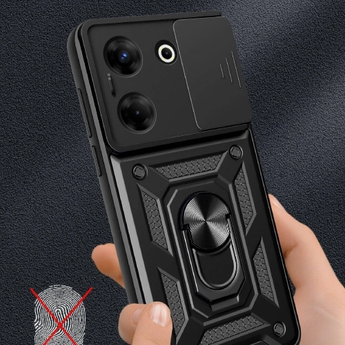 Tecno Camon 20 Kılıf Zırhlı Standlı Silikon Sürgülü Kamera Korumalı Tank Kapak - Siyah