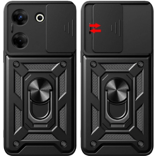 Tecno Camon 20 Kılıf Zırhlı Standlı Silikon Sürgülü Kamera Korumalı Tank Kapak - Siyah