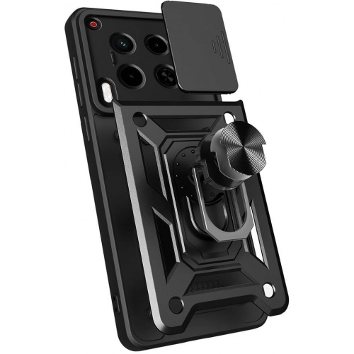 Tecno Camon 30 Kılıf Zırhlı Standlı Silikon Sürgülü Kamera Korumalı Tank Kapak - Siyah