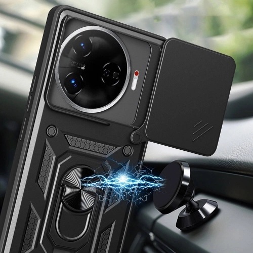 Tecno Camon 30 Pro Kılıf Zırhlı Standlı Silikon Sürgülü Kamera Korumalı Tank Kapak - Siyah