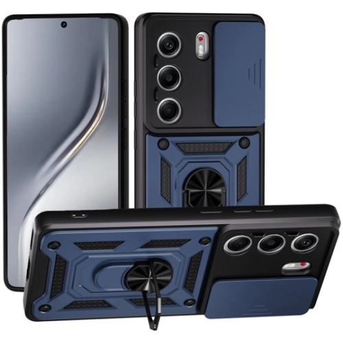 Tecno Camon 40 Pro Kılıf Zırhlı Standlı Silikon Sürgülü Kamera Korumalı Tank Kapak - Mavi