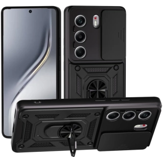 Tecno Camon 40 Pro Kılıf Zırhlı Standlı Silikon Sürgülü Kamera Korumalı Tank Kapak - Siyah