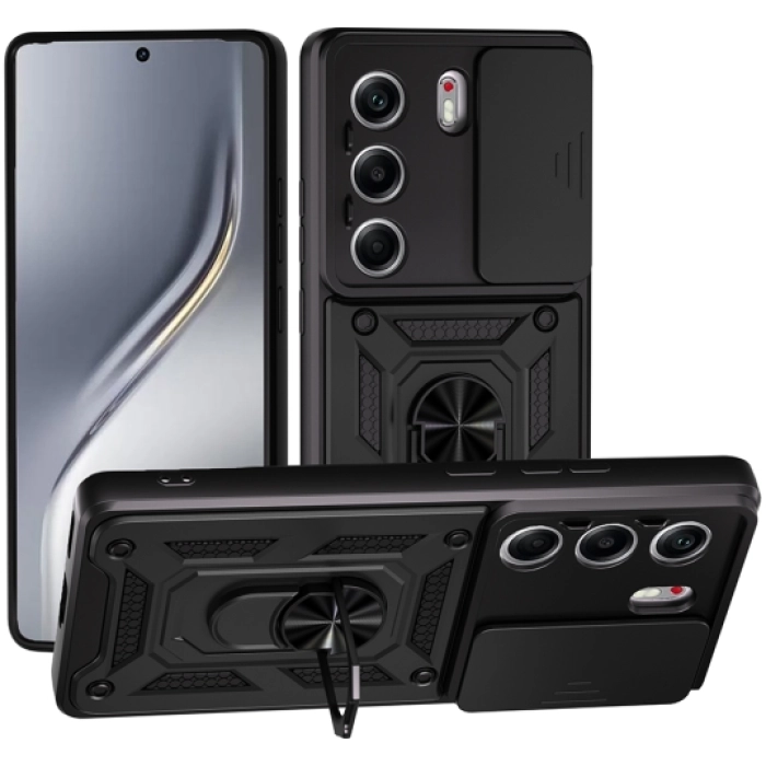 Tecno Camon 40 Pro Kılıf Zırhlı Standlı Silikon Sürgülü Kamera Korumalı Tank Kapak - Siyah