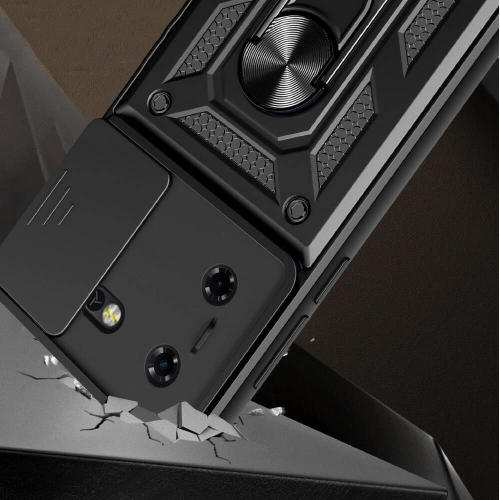 Tecno Pova 5 Kılıf Zırhlı Standlı Silikon Sürgülü Kamera Korumalı Tank Kapak - Siyah