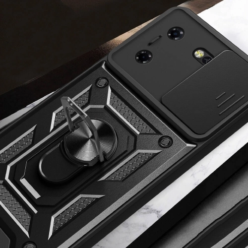 Tecno Pova 5 Kılıf Zırhlı Standlı Silikon Sürgülü Kamera Korumalı Tank Kapak - Siyah