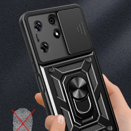 Tecno Spark 10 Pro Kılıf Zırhlı Standlı Silikon Sürgülü Kamera Korumalı Tank Kapak - Siyah