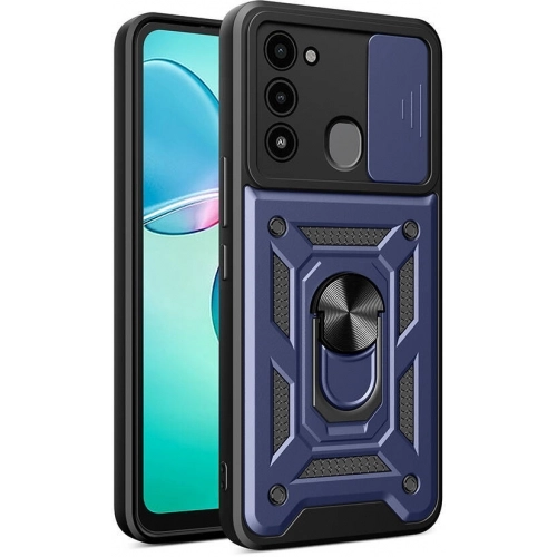 Tecno Spark 8C Kılıf Zırhlı Standlı Silikon Sürgülü Kamera Korumalı Tank Kapak - Mavi