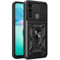 Tecno Spark 8C Kılıf Zırhlı Standlı Silikon Sürgülü Kamera Korumalı Tank Kapak - Siyah