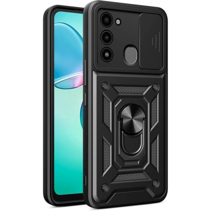 Tecno Spark 8C Kılıf Zırhlı Standlı Silikon Sürgülü Kamera Korumalı Tank Kapak - Siyah