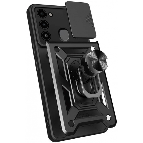 Tecno Spark 8C Kılıf Zırhlı Standlı Silikon Sürgülü Kamera Korumalı Tank Kapak - Siyah