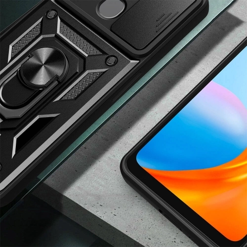 Tecno Spark 8C Kılıf Zırhlı Standlı Silikon Sürgülü Kamera Korumalı Tank Kapak - Siyah
