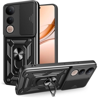 Vivo V50 Lite 4g Kılıf Zırhlı Standlı Silikon Sürgülü Kamera Korumalı Tank Kapak - Siyah