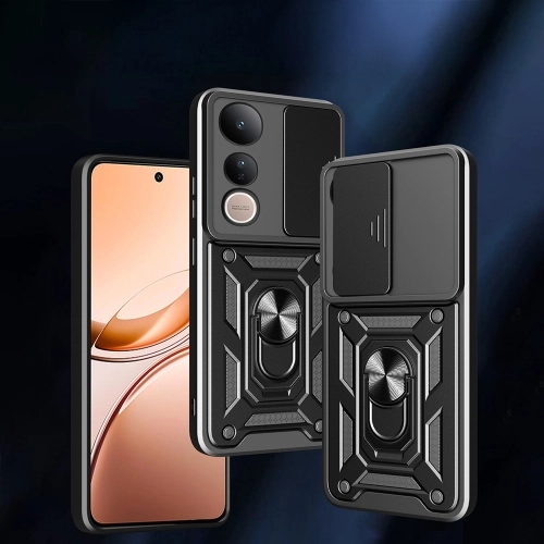 Vivo V50 Lite 4g Kılıf Zırhlı Standlı Silikon Sürgülü Kamera Korumalı Tank Kapak - Siyah