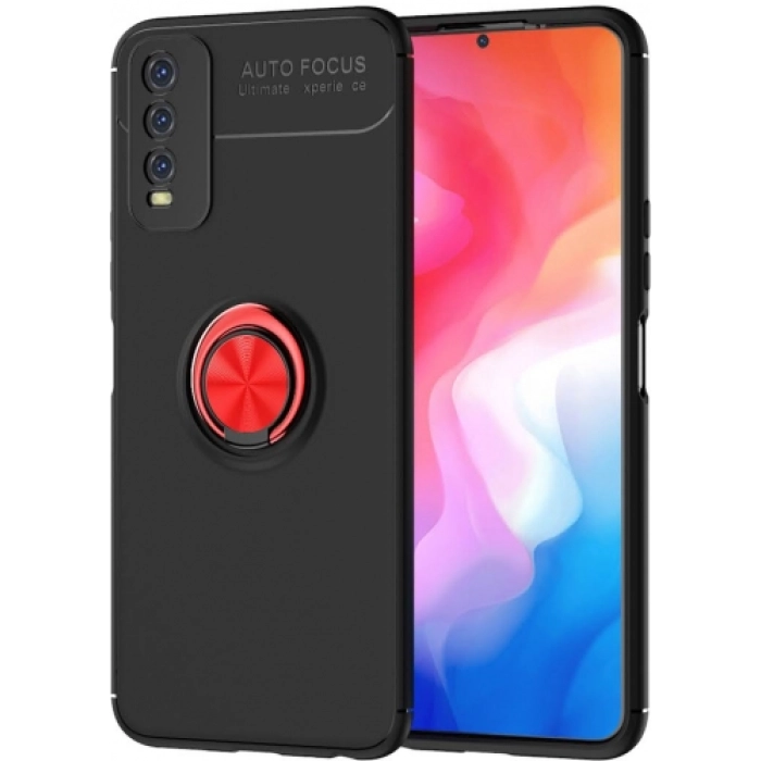 Vivo Y11s Kılıf Renkli Silikon Yüzüklü Standlı Auto Focus Ravel Kapak - Kırmızı - Siyah