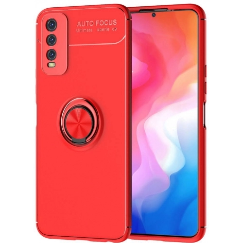 Vivo Y11s Kılıf Renkli Silikon Yüzüklü Standlı Auto Focus Ravel Kapak - Kırmızı
