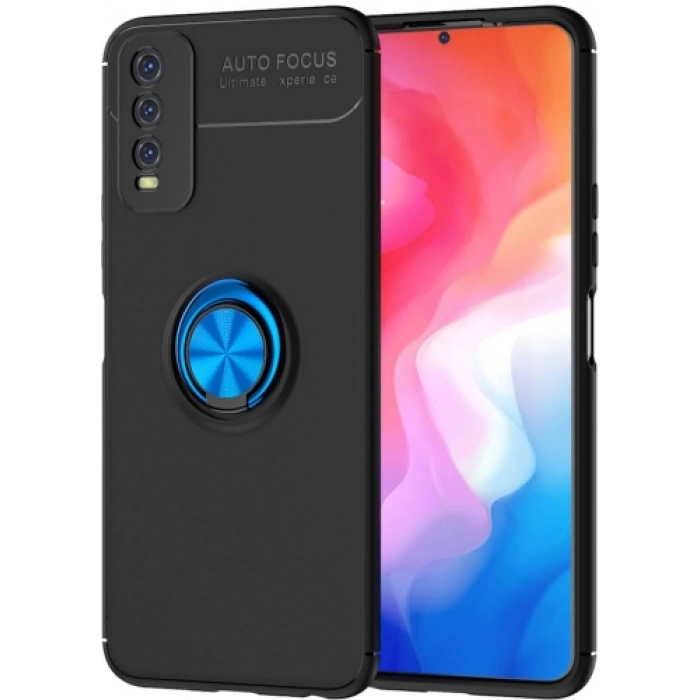 Vivo Y11s Kılıf Renkli Silikon Yüzüklü Standlı Auto Focus Ravel Kapak - Mavi - Siyah