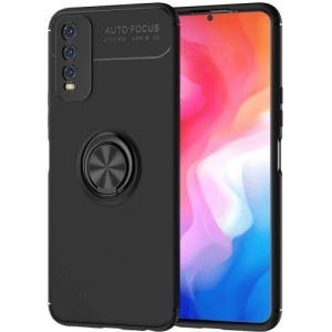 Vivo Y11s Kılıf Renkli Silikon Yüzüklü Standlı Auto Focus Ravel Kapak - Siyah