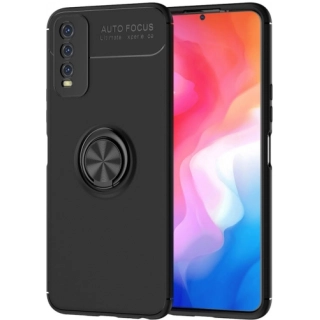 Vivo Y11s Kılıf Renkli Silikon Yüzüklü Standlı Auto Focus Ravel Kapak - Siyah