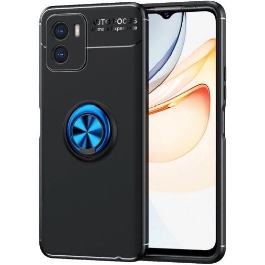 Vivo Y15s Kılıf Renkli Silikon Yüzüklü Standlı Auto Focus Ravel Kapak - Mavi - Siyah