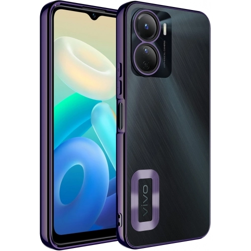 Vivo Y16 Kılıf Kamera Lens Korumalı Şeffaf Renkli Logo Gösteren Parlak Kapak - Koyu Mor
