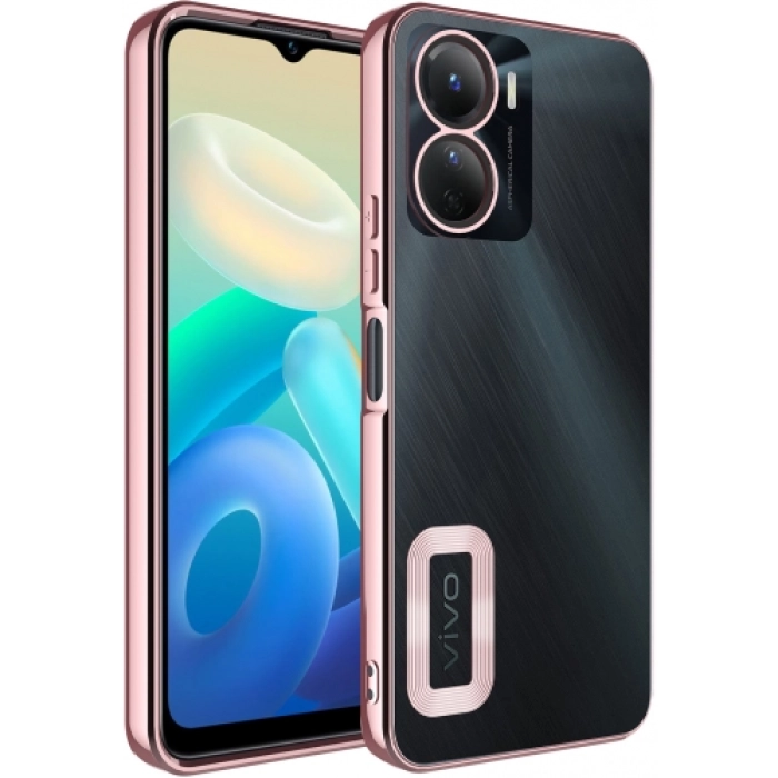 Vivo Y16 Kılıf Kamera Lens Korumalı Şeffaf Renkli Logo Gösteren Parlak Kapak - Rose Gold